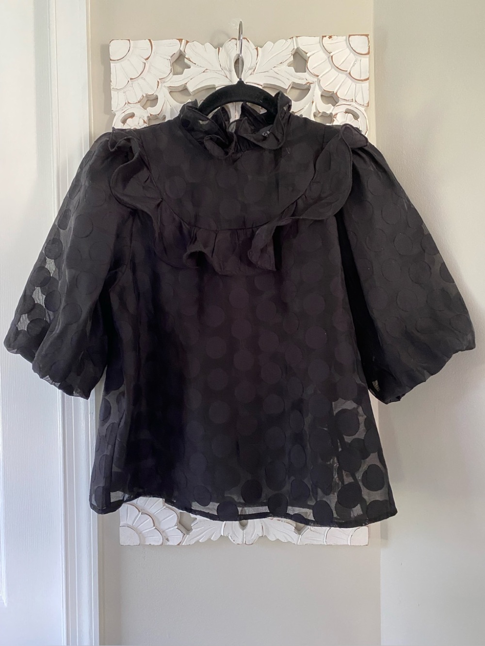 Gracia Anthropologie Frill Mock Neck Sheer Dot Puff Sleeve Blouse Top M Chic Art